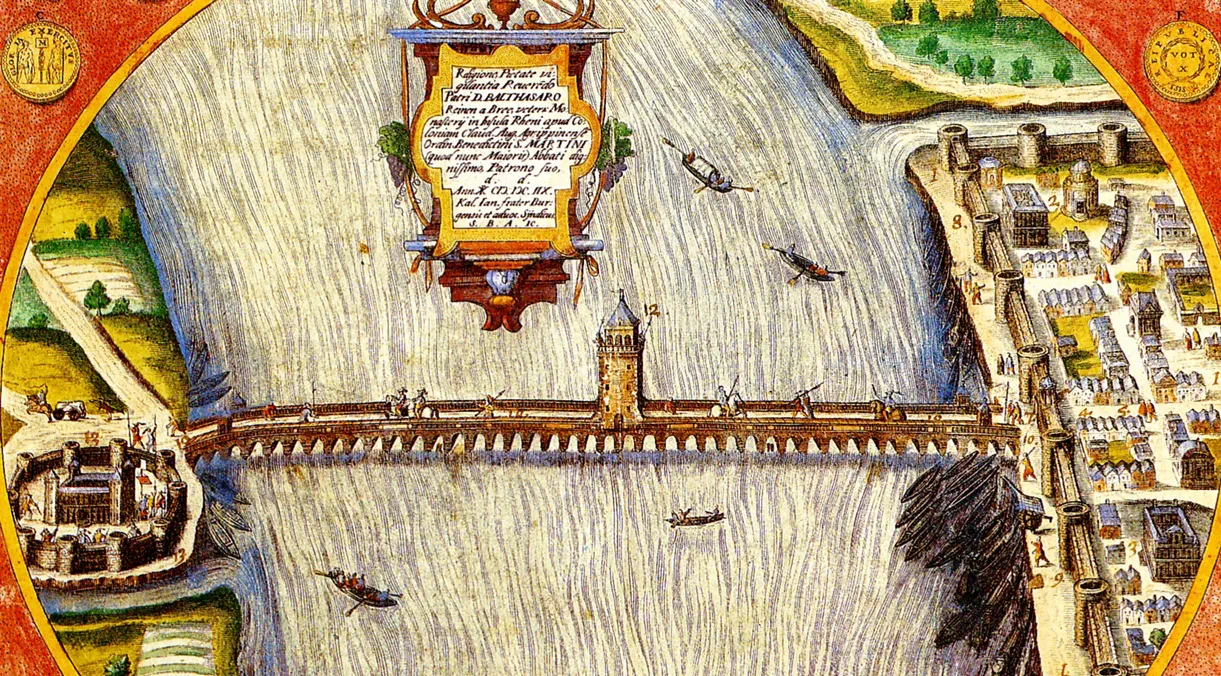 CCAA, Konstantinbrücke. Stephan Brölmanns später von einem Unbekannten kolorierte Zeichnung von 1608. Originaltitel: „De ponte Constantiniano observationes ex B