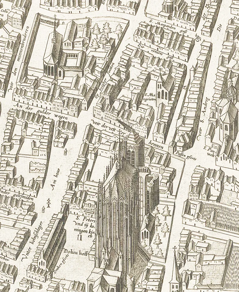 Arnold Mercators Kölner Stadtansicht von 1570 kartographierte den Wallrafplatz noch als Straßenkreuzung zwischen „An der gulder Wagen“/„Voir der vetter hennen“ und „Op hoigher smitten“/„Am Howe“