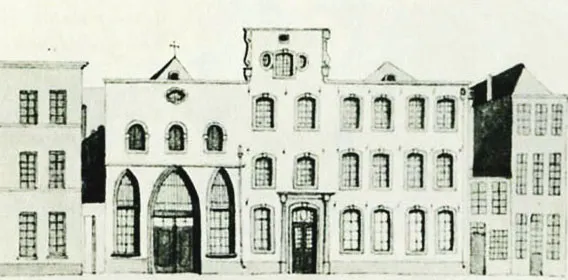 Hospital Hl. Geist (auch Heiliggeisthaus) Köln, Domhof vor 1840. Ostansicht nach einem Aquarell von Wirtz. Das Gelände wurde zum späteren Bauplatz des Dom-Hotel