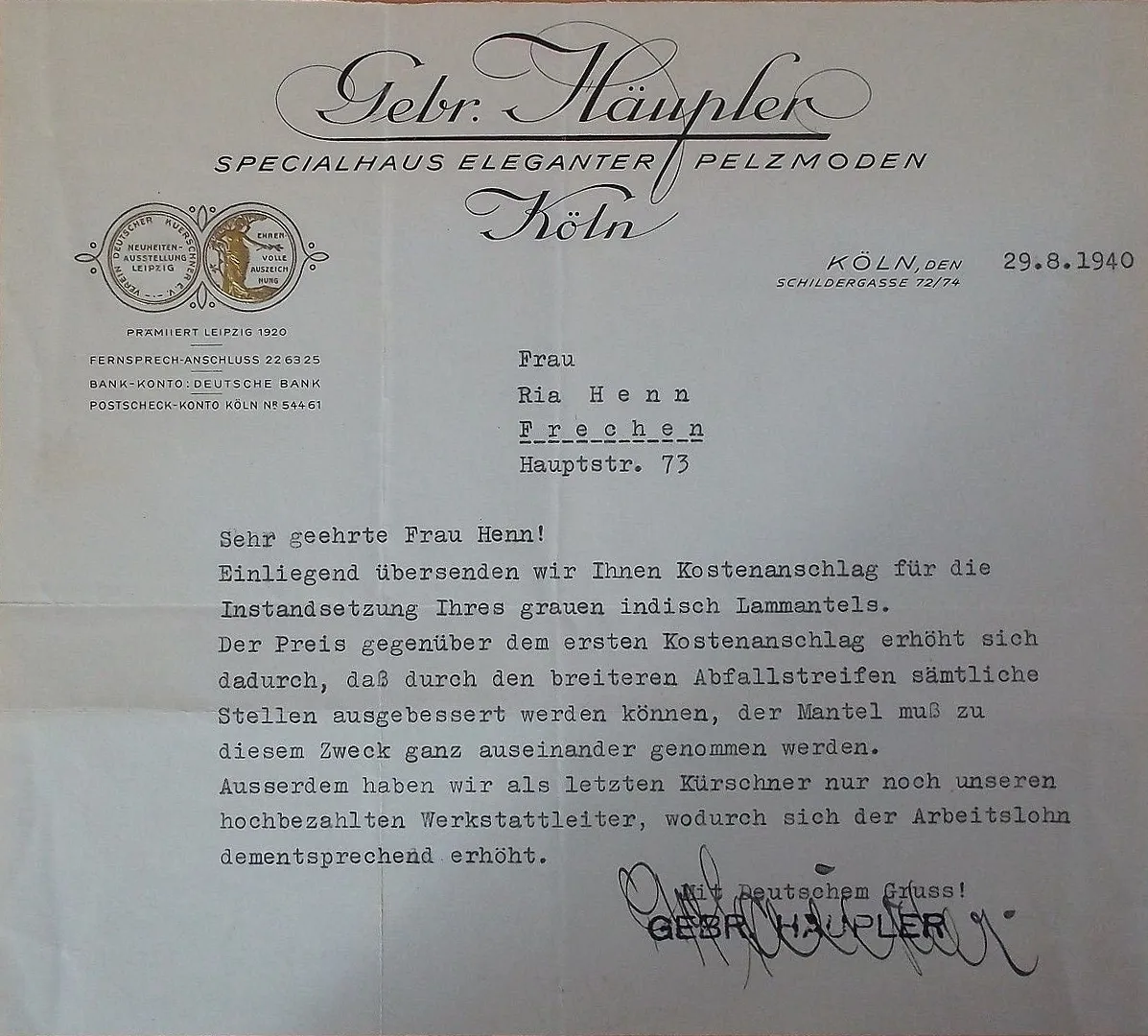 Gebr. Häupler, Specialhaus eleganter Pelzmoden, Köln, 29. August 1940. Anschreiben zum Kostenanschlag einer Änderung und Reparatur eines Indisch Lammmantels , f