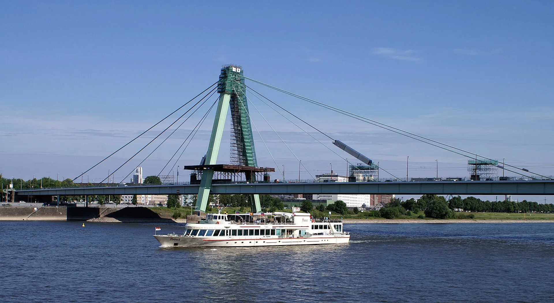 Day trip ship Asbach under the Severinsbridge in Cologne.