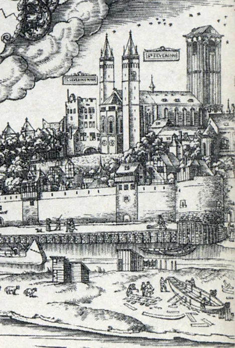 Ausschnitt, Ecclesia-Sancti-Severini-et-Porta-Sancti-Severini-Colonia, aus dem Holzschnitt „Große Ansicht von Köln“