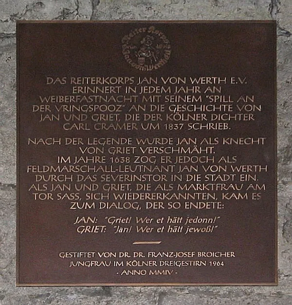 Schild an der Severinstorburg mit der Sage des Jan von Werth in Köln Erstellungsdatum : 29. 12. 04
