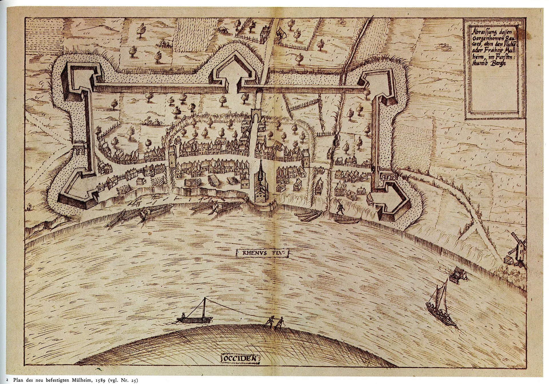 Plan des neu befestigten Mülheim um 1589, heute Köln-Mülheim , Federzeichnung, Maßstab 1:3000, 34 x 24 cm