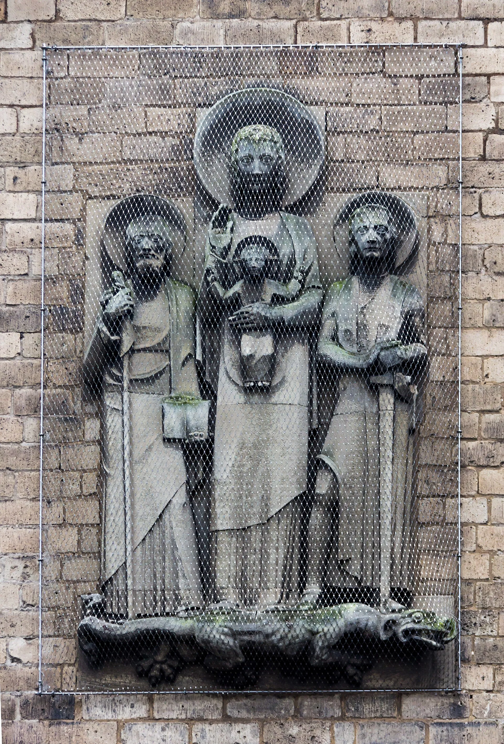 Stone relief "Anno II, Archbishop of Cologne, Virgin Mary with the Jesus child and Saint George"