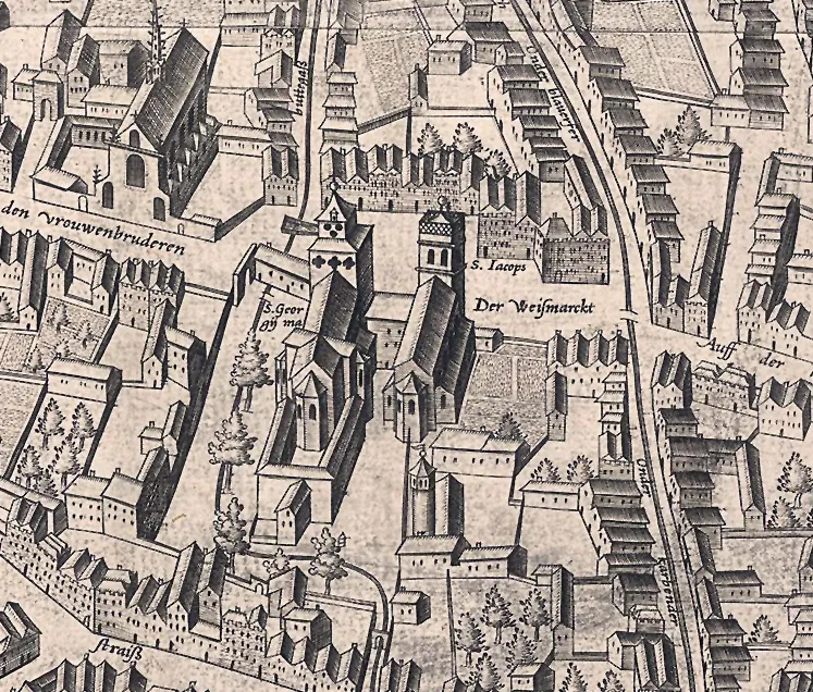 Ausschnitt des Mercator - Stadtplanes, St. Jakob und St. Georg am Waidmarkt.
