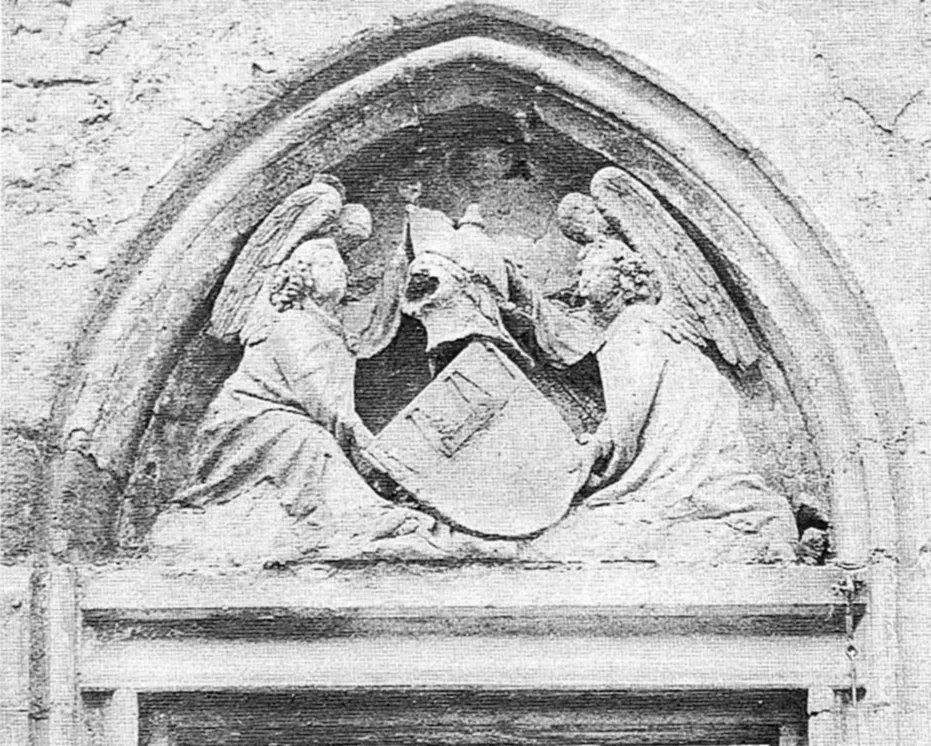 Köln,Tympanon des Portals zur Ratskapelle. Titel: „Wappen über der Thüre der Rathauskapelle“