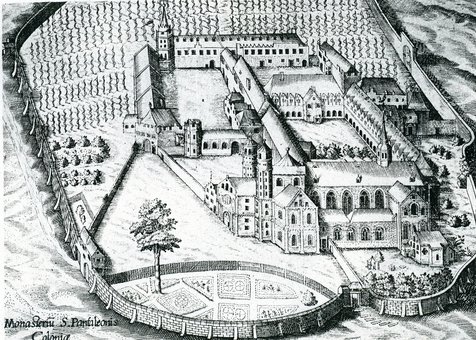 Die in Weingärten gelegene Abtei St. Pantaleon um 1625