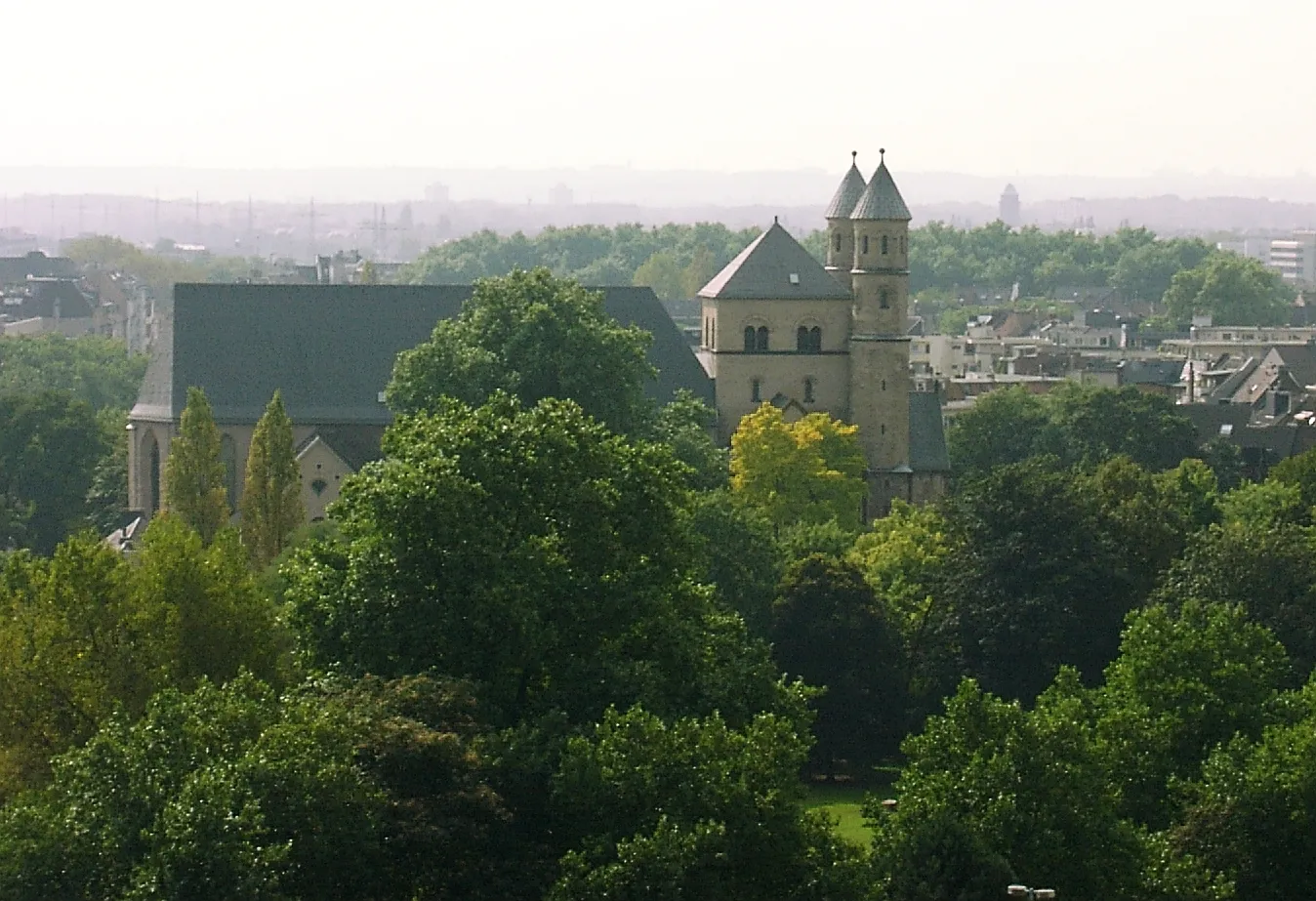 Romanesque church St Pantaleon in Cologne , as seen from top of Hotel Wasserturm