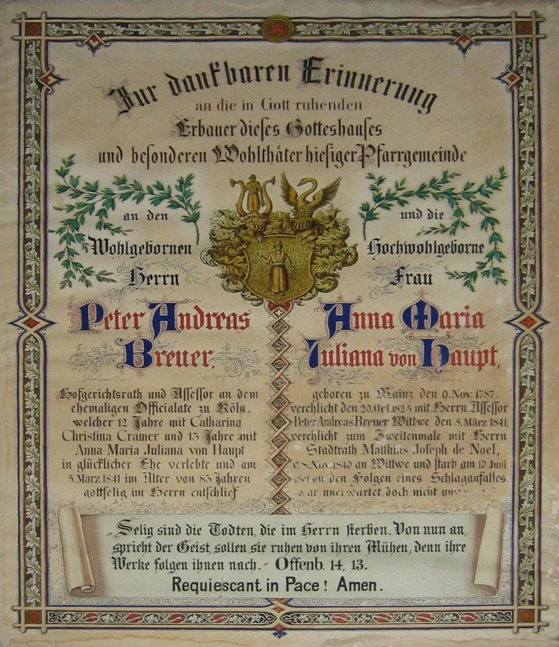 Erinnerungsblatt an die Stifter von St. Remigius in Köln-Sürth.