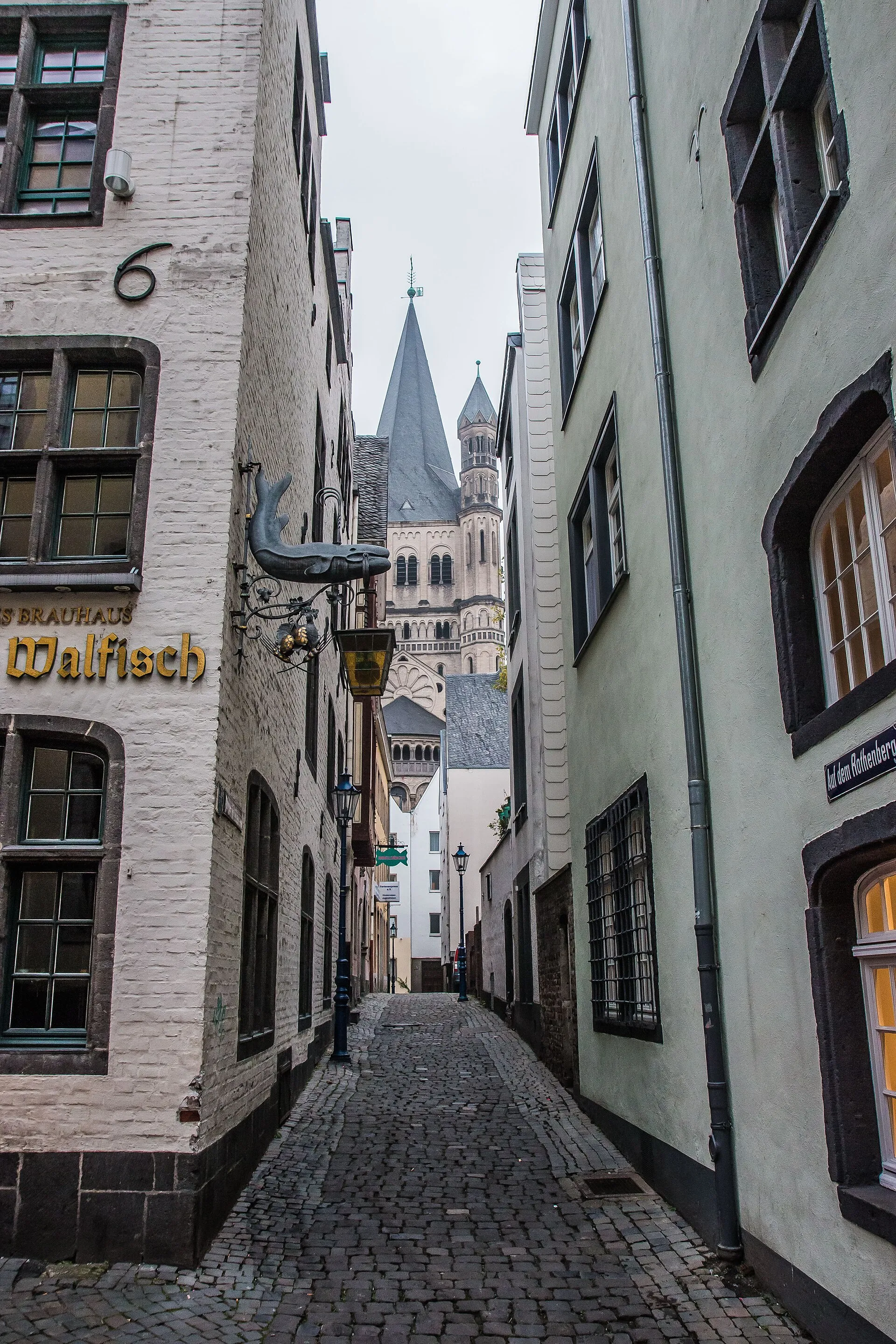 Cologne. View of Groß St. Martin from the south, along Auf dem Rothenberg. On the left can be seen Sünner im Walfisch. Photos from an Avalon Waterways Rhine Riv