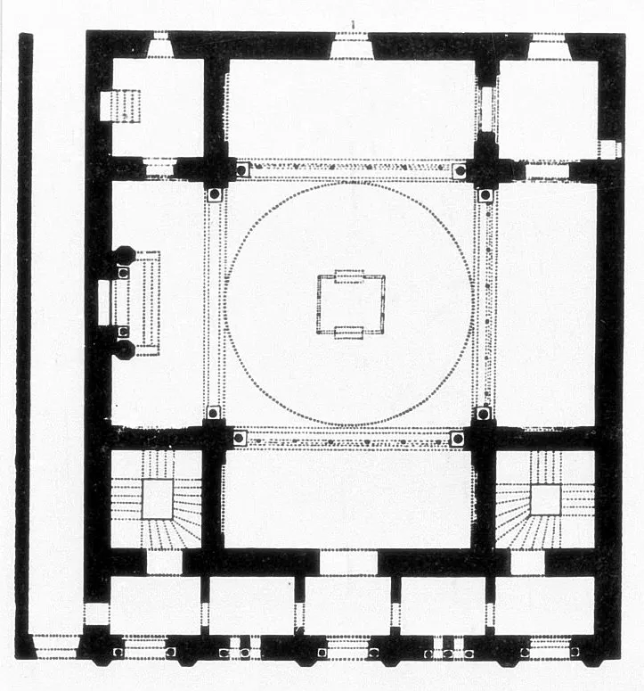 Ground projection of the synagogue of the Glockengasse, built in 1865 and destroyed by the nazis in 1938. Architect drawing.