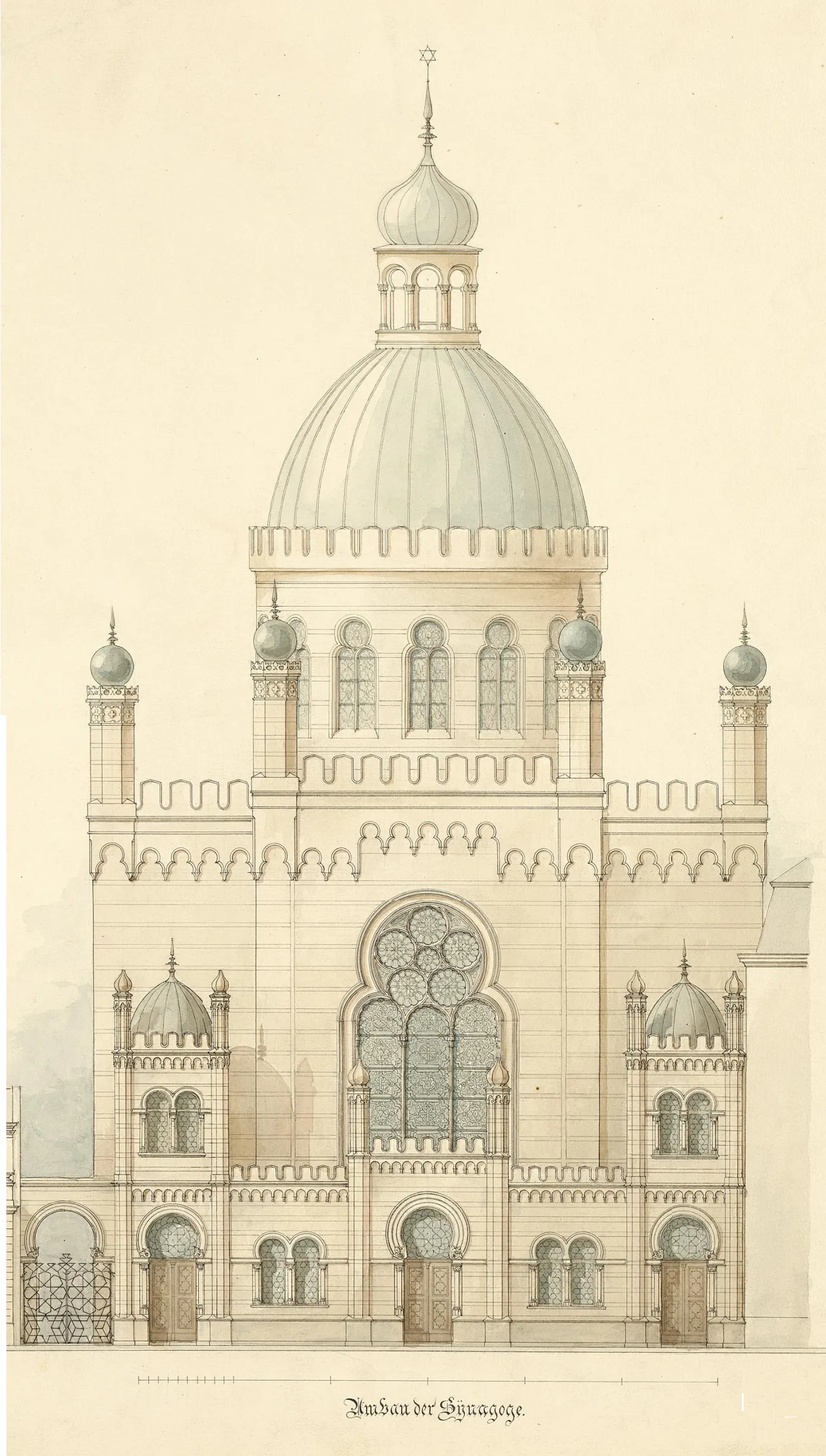 aquarelliert Tuschezeichnung auf Karton für den Entwurf der Jüdischen Synagoge in der Kölner Glockengasse (Ausschnitt vom Original 65,5 x 48,1 cm)