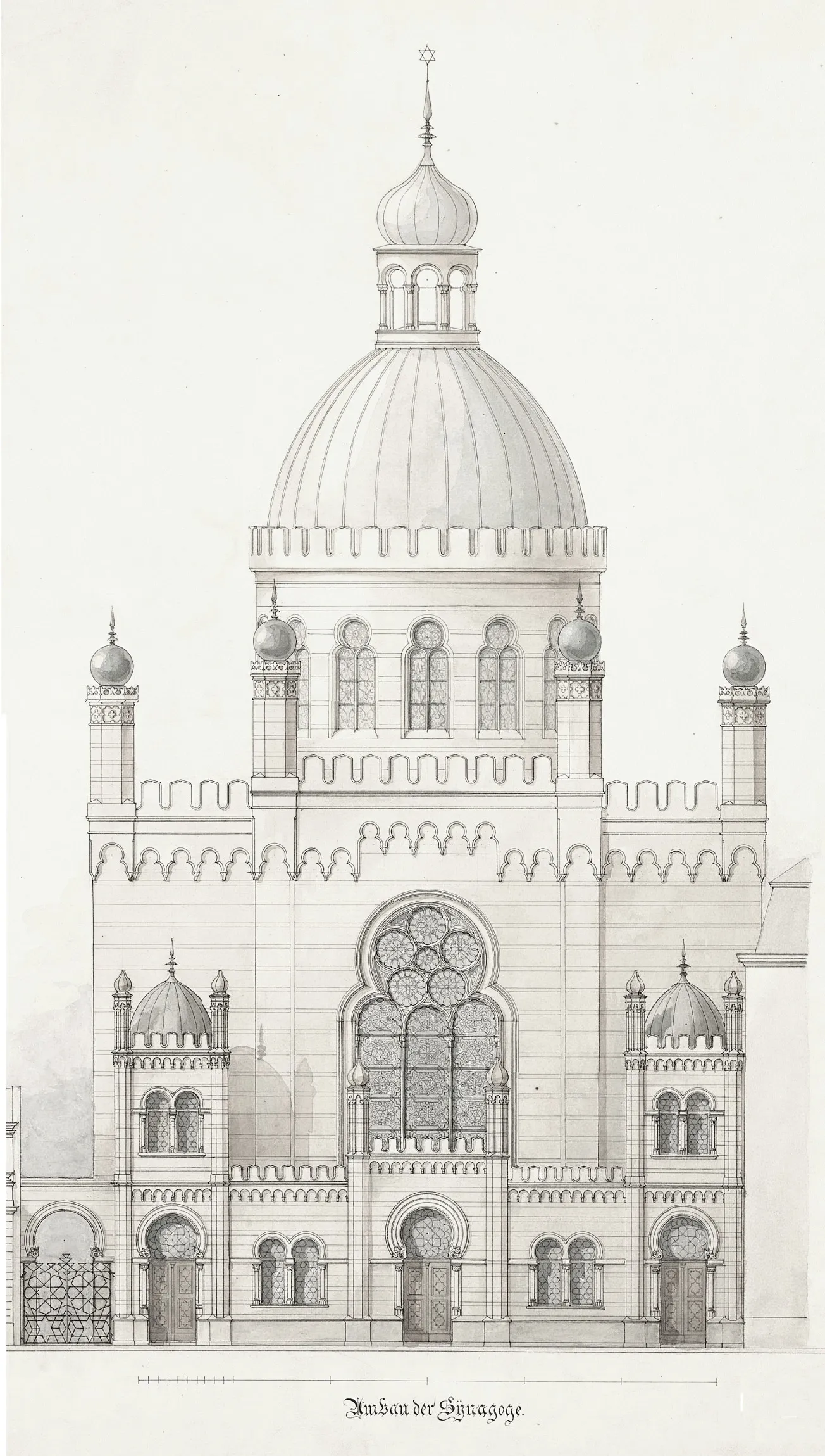 aquarelliert Tuschezeichnung auf Karton für den Entwurf der Jüdischen Synagoge in der Kölner Glockengasse (Ausschnitt vom Original 65,5 x 48,1 cm)