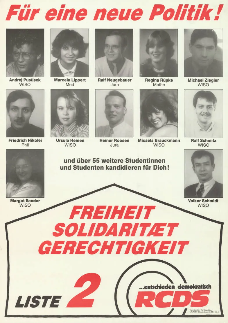 Für eine neue Politik! ... Freiheit Solidarität Gerechtigkeit Liste 2 ... entschieden demokratisch RCDS Abbildung : Porträtfotos Kommentar : Unter den Kandidate