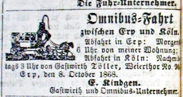 Personenbeförderung im 19. Jahrhundert. Von Erp, Lechenich, Hürth, zur Endstation Weyertor am Haus Töller in Köln, und zurück
