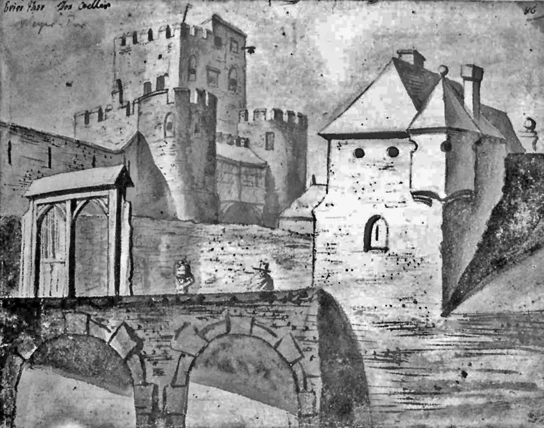 Weyertor, Köln 17. Jahrhundert. Diagonale Ansicht von der Feldseite mit der dem Torbau seit 1632 unmittelbar vorgelagerten Bastion