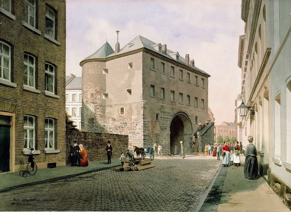 Wilhelm Scheiner : Köln, Weyertor , Stadtseite, Köln, 1889; bez. links unten: Köln. Weyerthor. 1889. Oct.2. / W. Scheiner. Aquarell, H: 37,5 cm, B: 51,5 cm, Inv