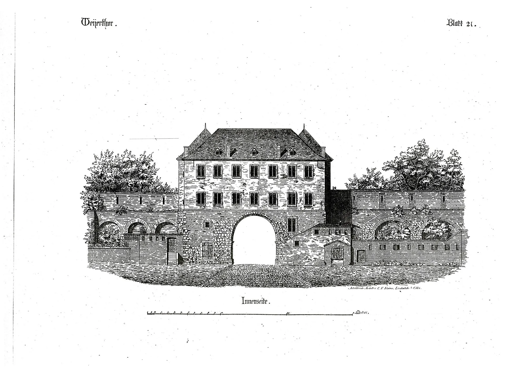 Weyertor (aus: C. F. Kaiser, Cölner Thorburgen und Befestigungen: 1180–1882, 1884, Blatt 21)